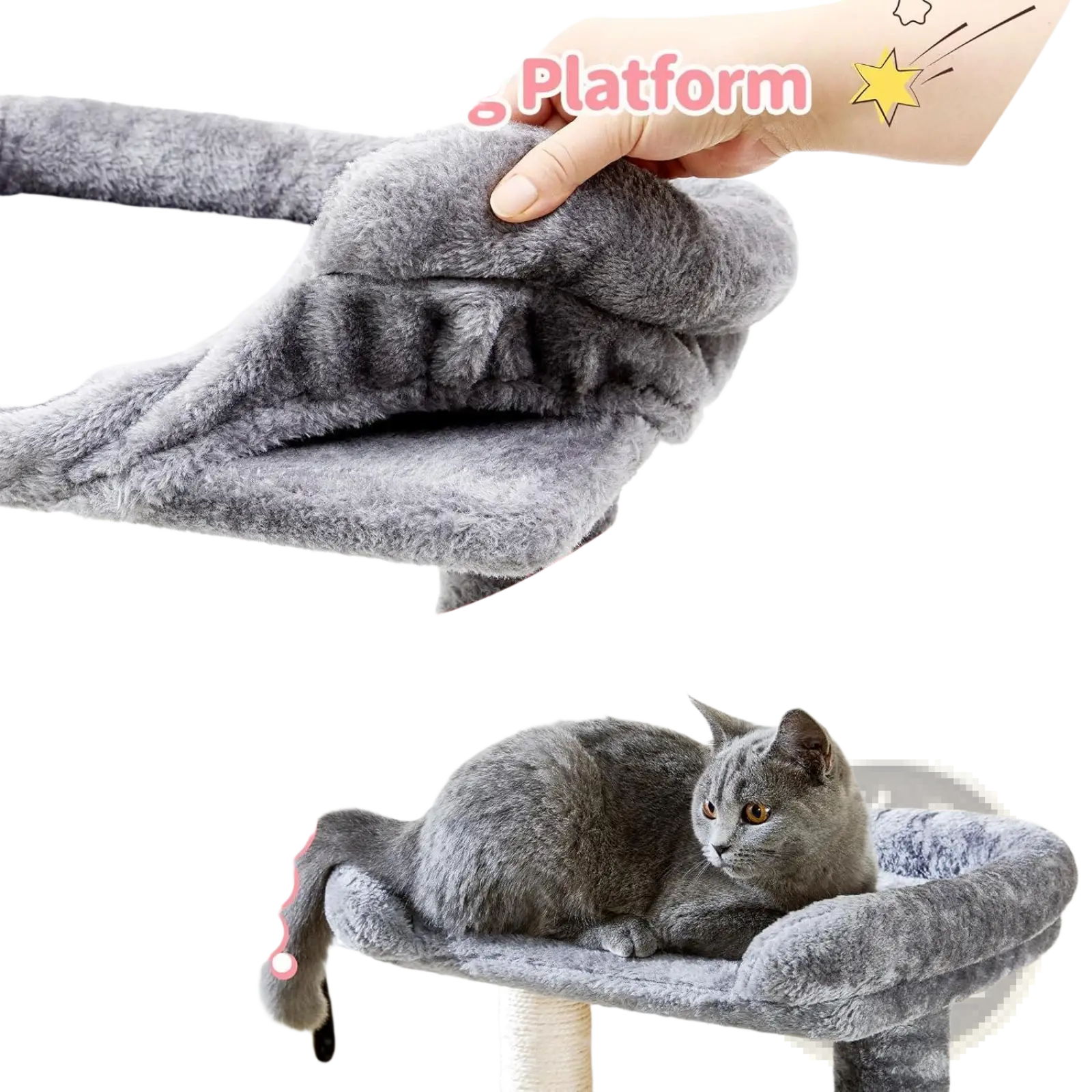 Gray plush cat tree resting platform with detachable and washable fabric and sisal scratching post for cats