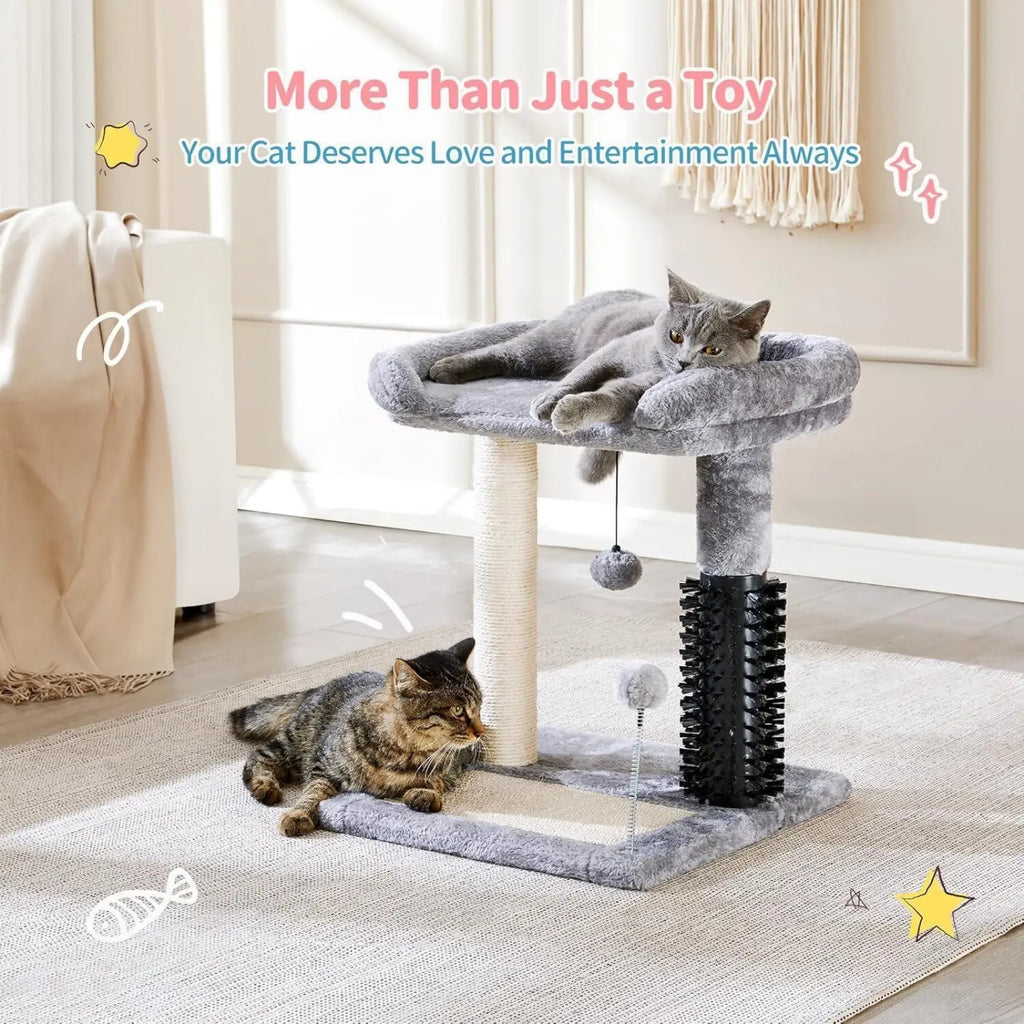 Gray plush cat tree tower with sisal scratching post, sisal-wrapped pole, and black brush attachment for cats