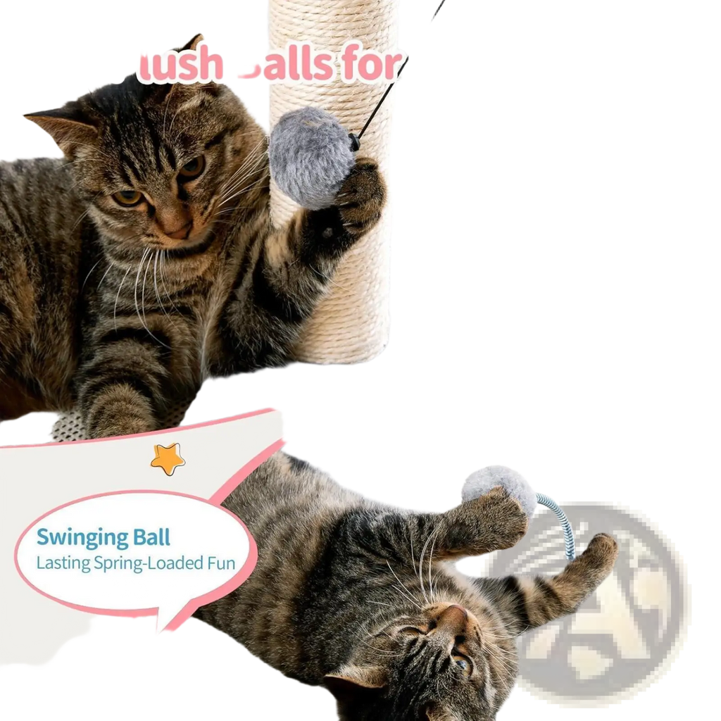 Gray plush hanging ball with elastic string for cat play featured on a cat tree tower with sisal scratching post