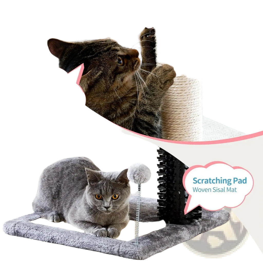Gray tabby cat with yellow eyes lounging on soft gray scratching pad of cat tree tower with sisal scratching post