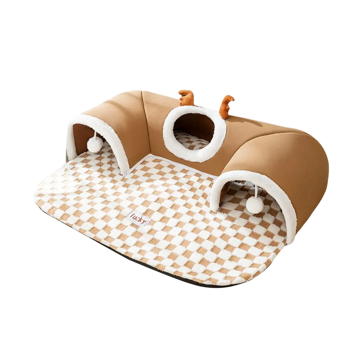 Brown plush cat tunnel bed with white fur trim checkered floor mat and small orange deer antler decorations