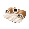 Brown plush cat tunnel bed with white fur trim checkered interior mat and small orange antler decorations