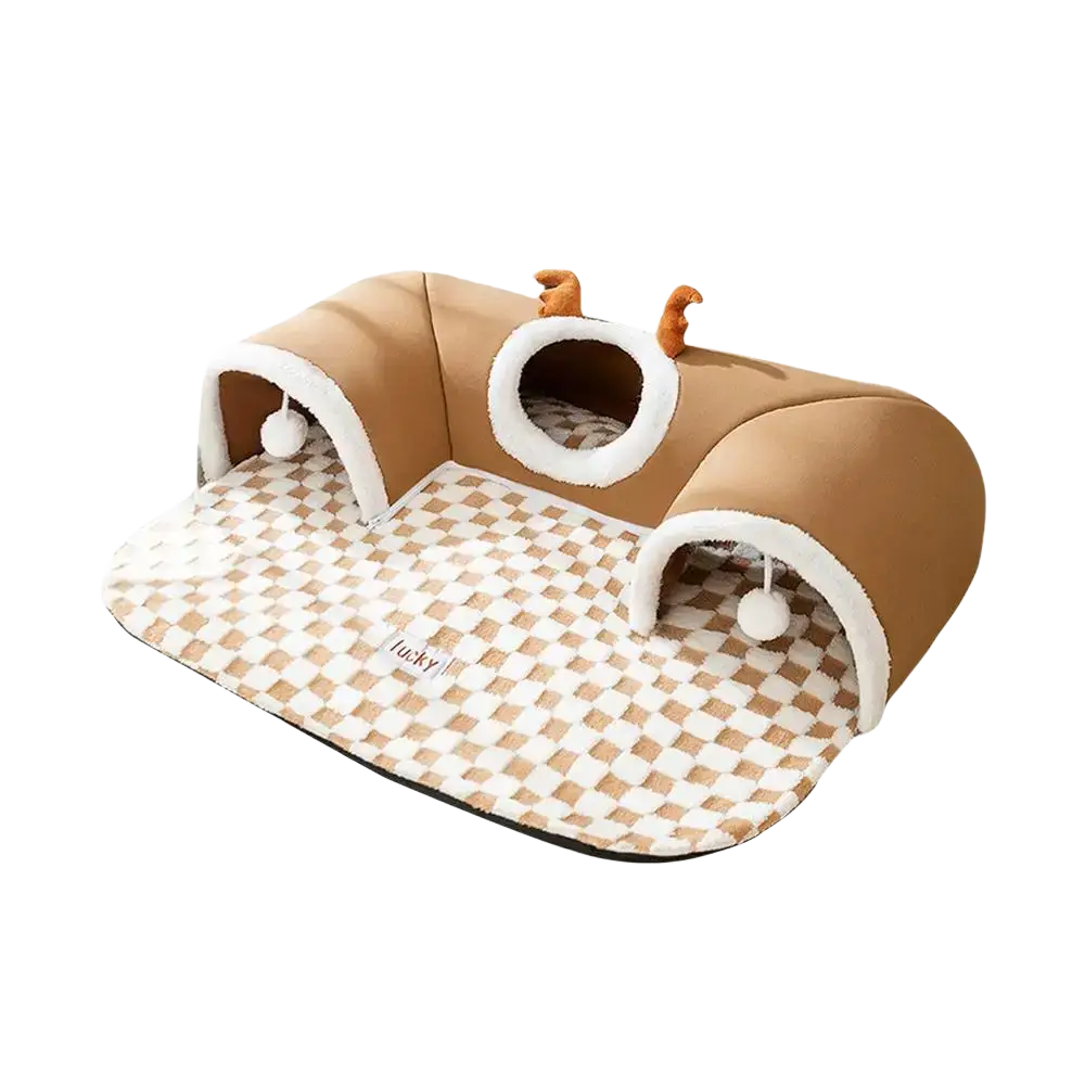 Brown plush cat tunnel bed with white fur trim checkered interior mat and small orange antler decorations