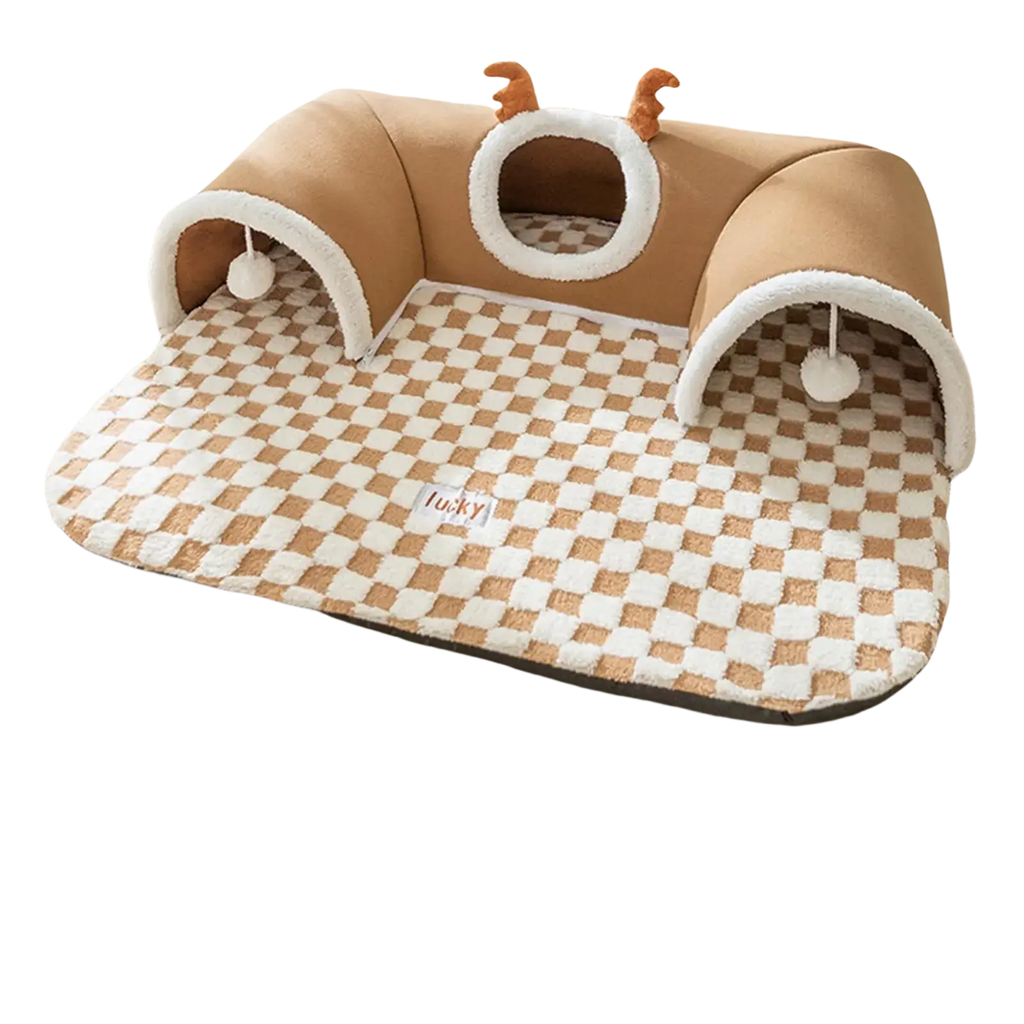 Cute tan and white checkered cat tunnel bed with plush reindeer antlers for cozy corner hideaway and play