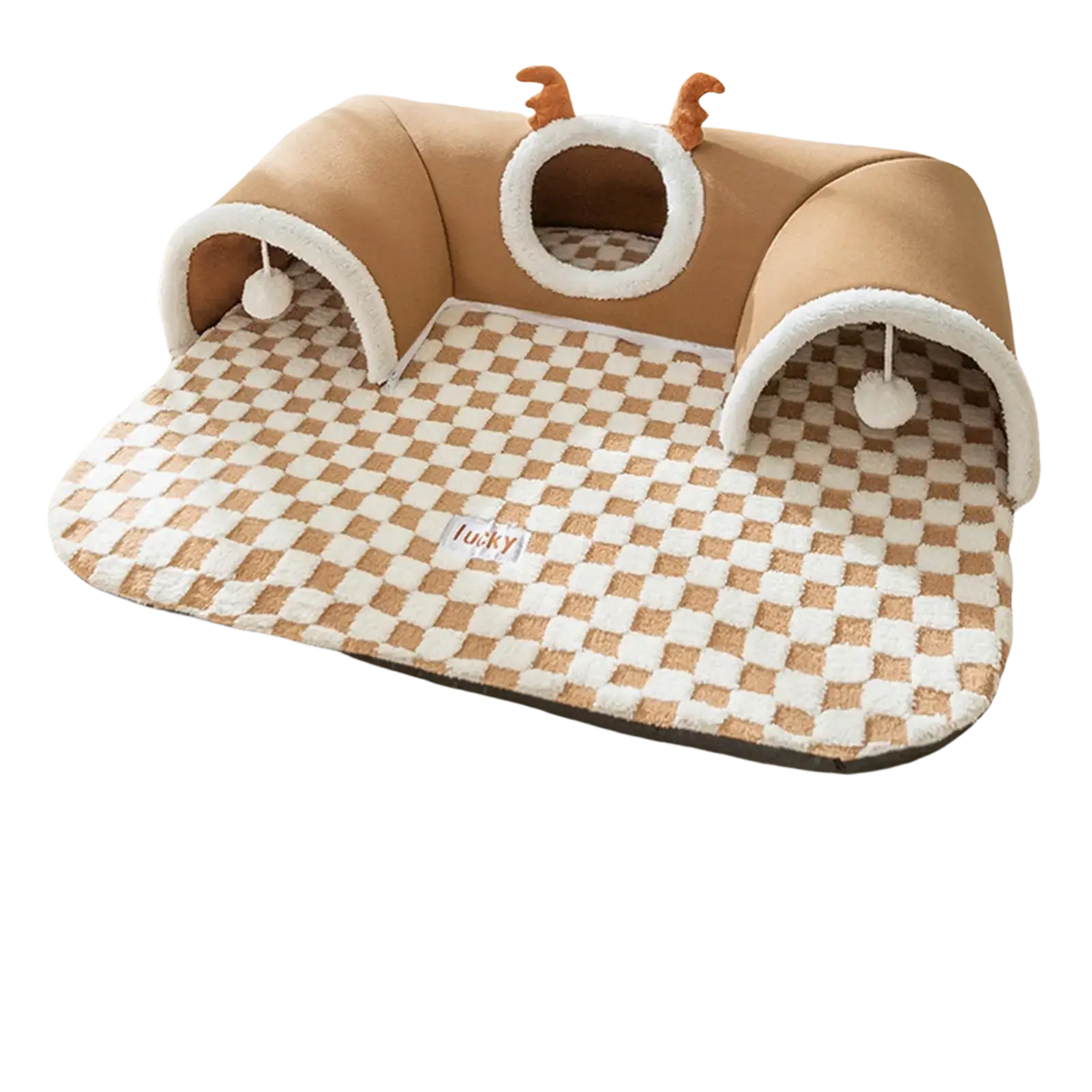 Cute tan and white checkered cat tunnel bed with plush reindeer antlers for cozy corner hideaway and play