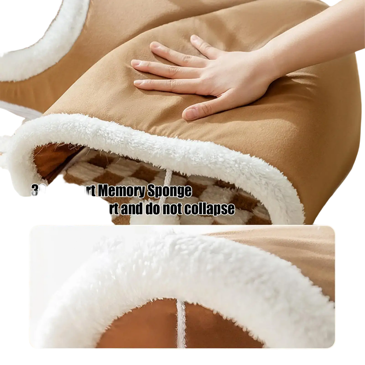 Tan memory foam cat tunnel bed with plush white fleece lining and curved supportive design for cozy hideaway