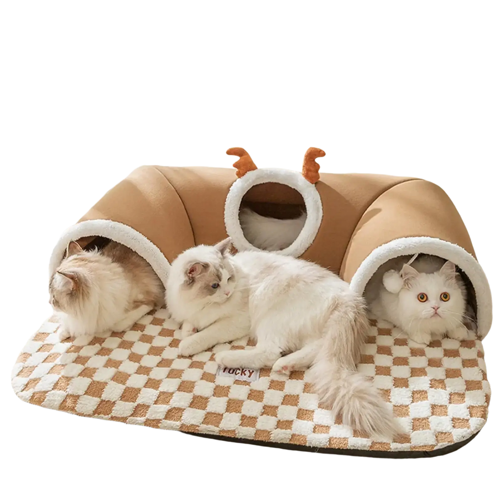 Tan and white plush cat tunnel bed with soft rounded tunnels and cute antler accents for cozy cat hideaway