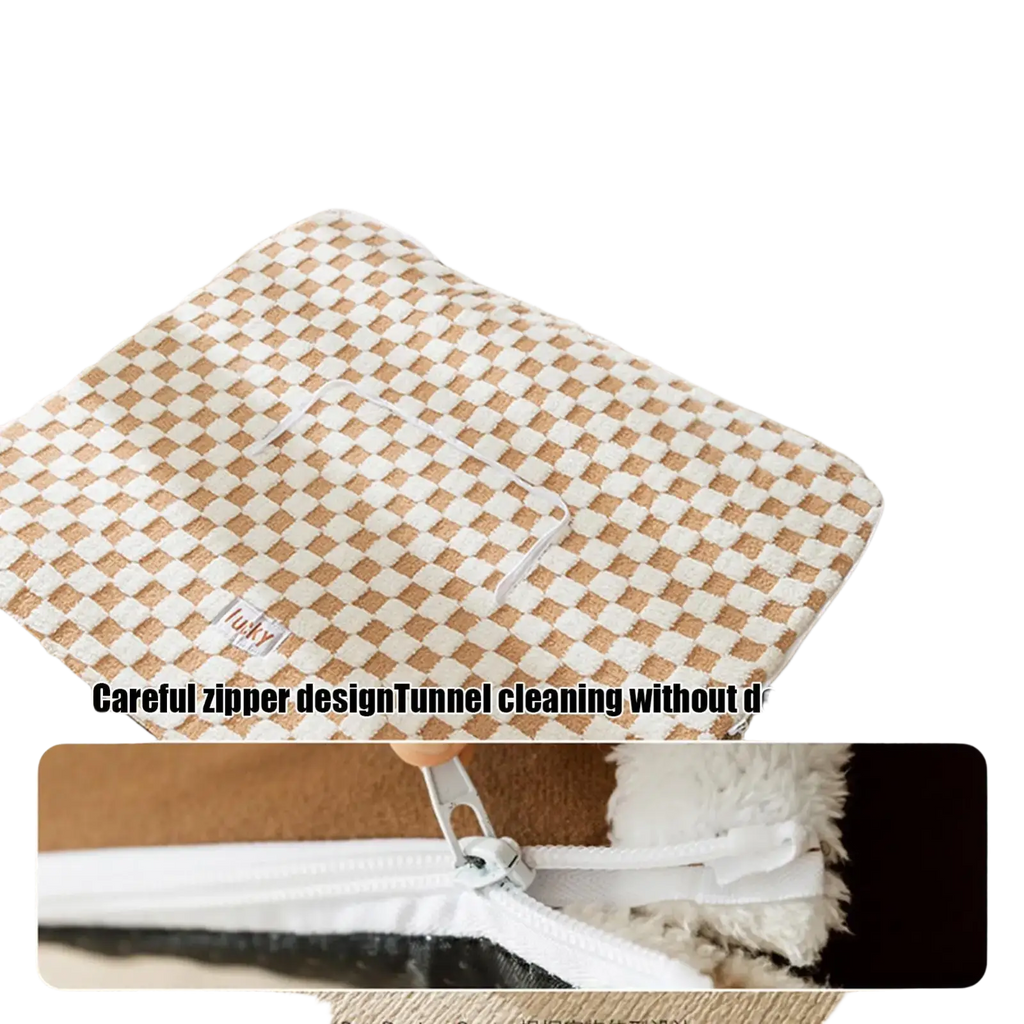 Tan and white plush cat tunnel bed with soft fuzzy trimmings and reindeer antler decorations for cozy hideaway