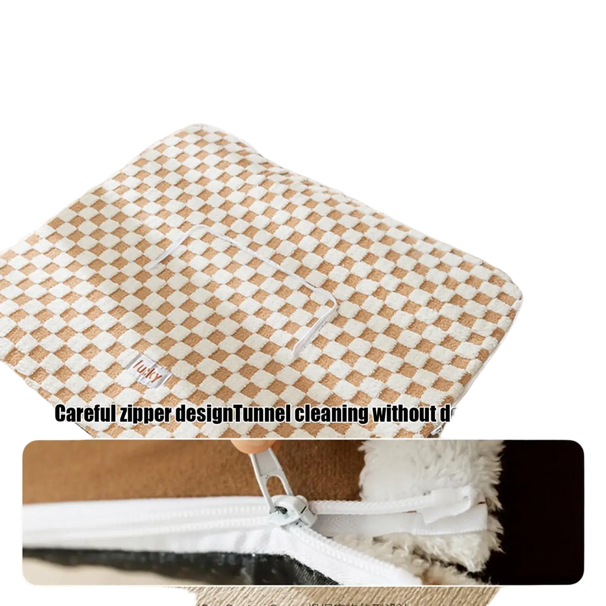 Tan and white plush cat tunnel bed with soft fuzzy trimmings and reindeer antler decorations for cozy hideaway