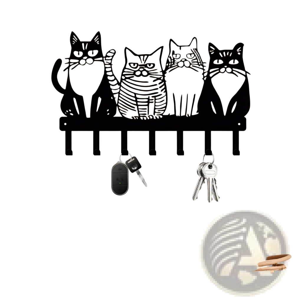 Black metal wall key rack with four stylized cats sitting on a bench and four hooks for home decor