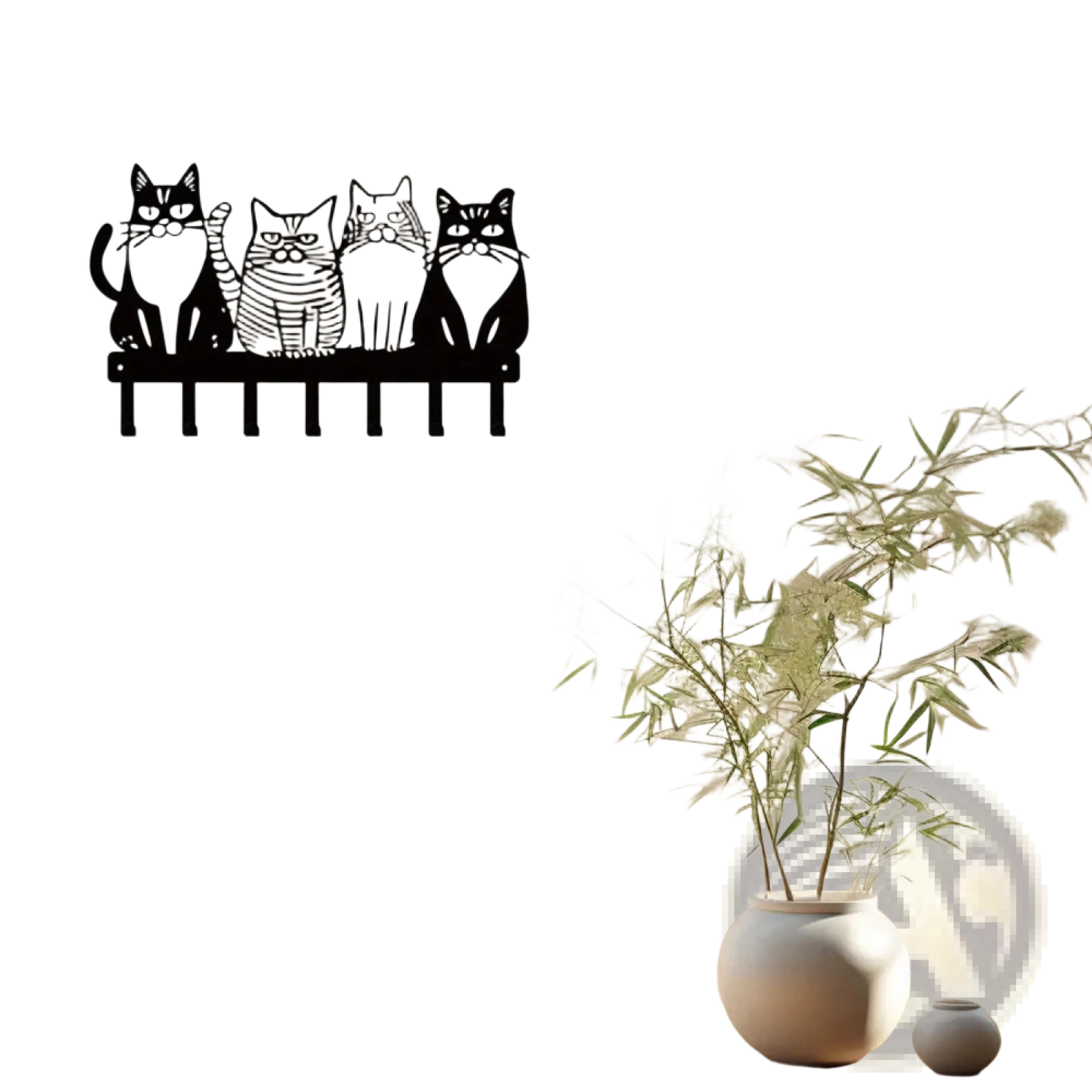 Black metal wall key rack with four stylized cats sitting on a bench featuring four hooks for home decor