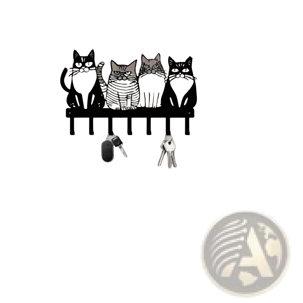 Black metal wall key rack with four stylized cats in a row featuring unique facial expressions and 4 hooks for home decor