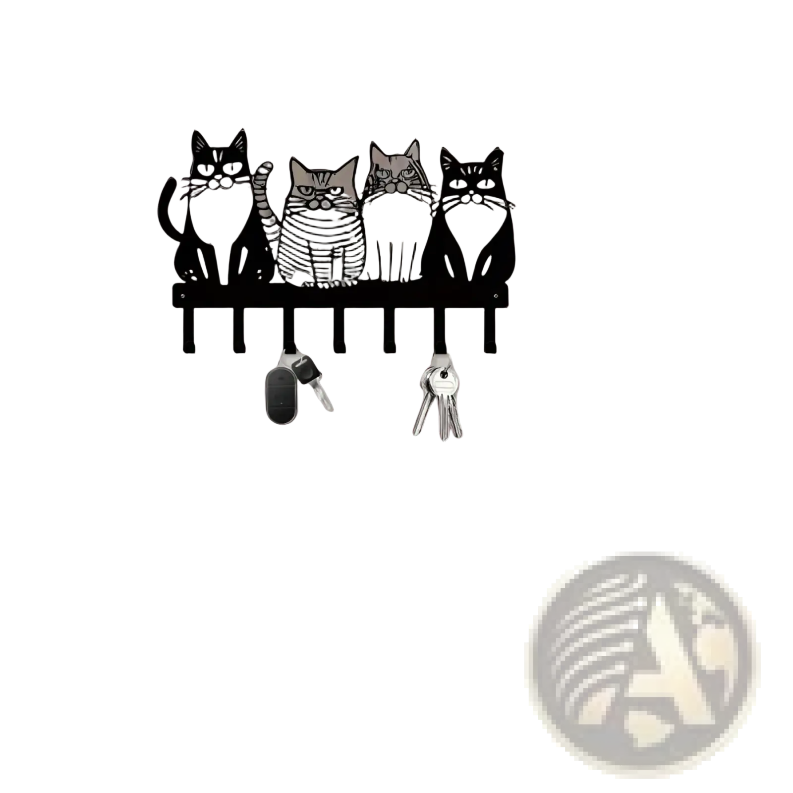 Black metal wall key rack with four stylized cats in a row featuring unique facial expressions and 4 hooks for home decor