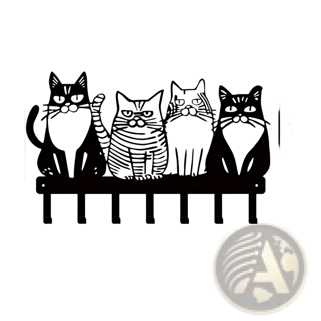 Black metal wall-mounted key rack with four stylized cats sitting on a bench featuring four hooks for home decor