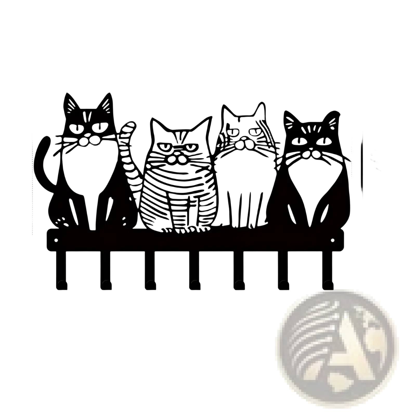 Black metal wall-mounted key rack with four stylized cats sitting on a bench featuring four hooks for home decor