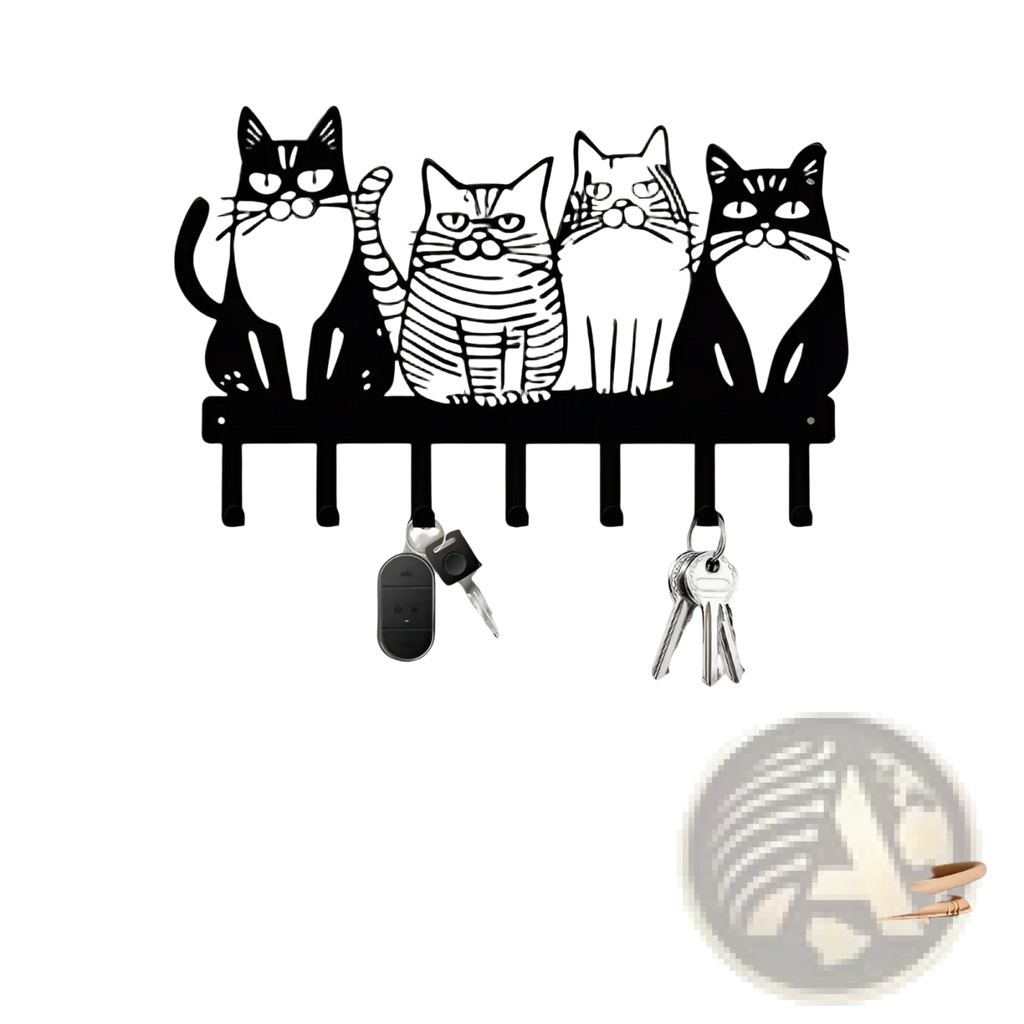 Black metal wall-mounted key holder featuring four stylized cats with distinct expressions and striped patterns for home decor