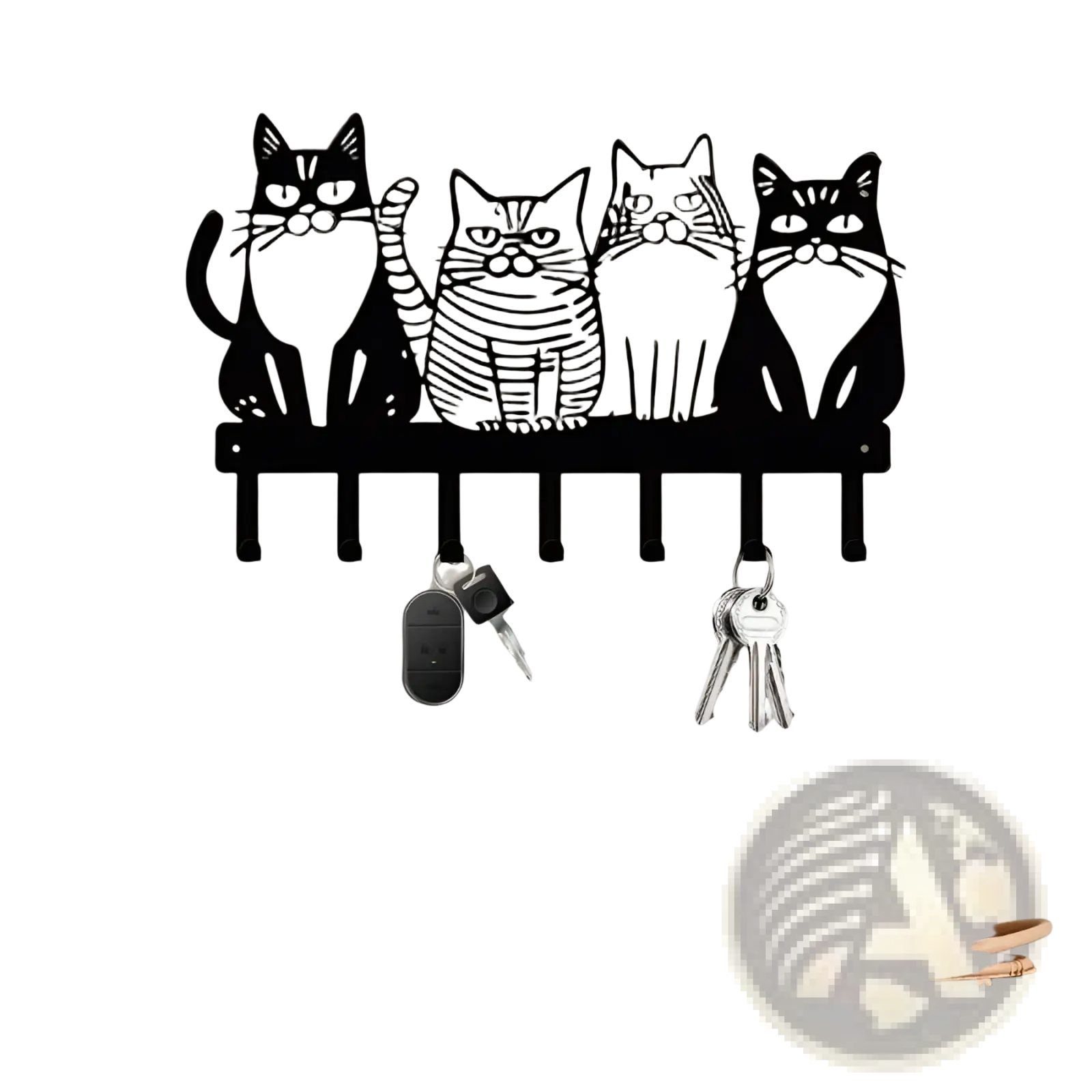 Black metal wall-mounted key holder featuring four stylized cats with distinct expressions and striped patterns for home decor
