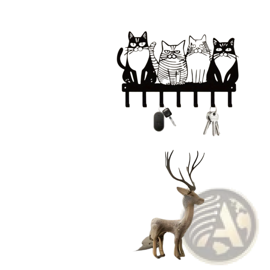 Black metal wall-mounted cat key rack with four stylized cats and integrated hooks for home decor organization