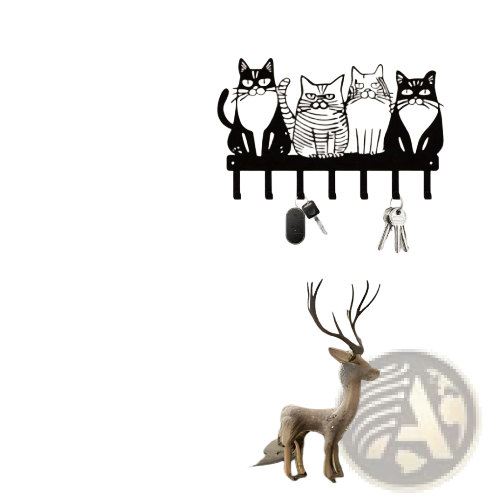 Black metal wall-mounted cat key rack with four stylized cats and integrated hooks for home decor organization