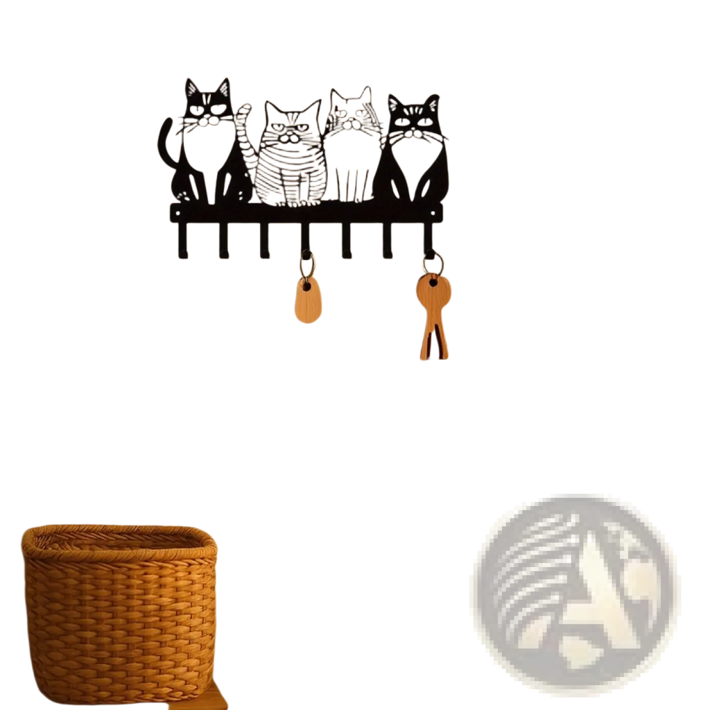 Black metal wall-mounted cat wall key rack with four stylized cats and wooden keys for home decor