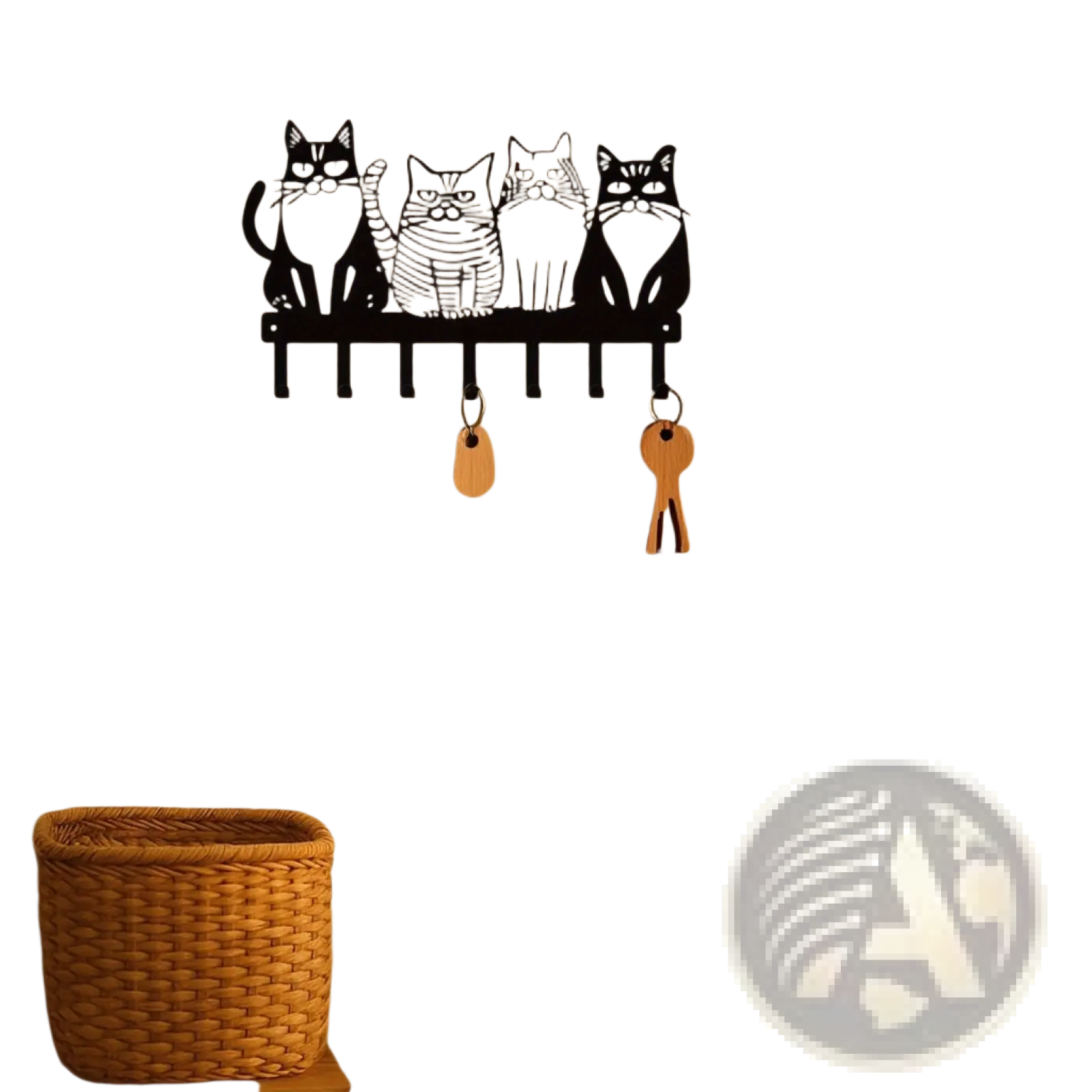 Black metal wall-mounted cat wall key rack with four stylized cats and wooden keys for home decor