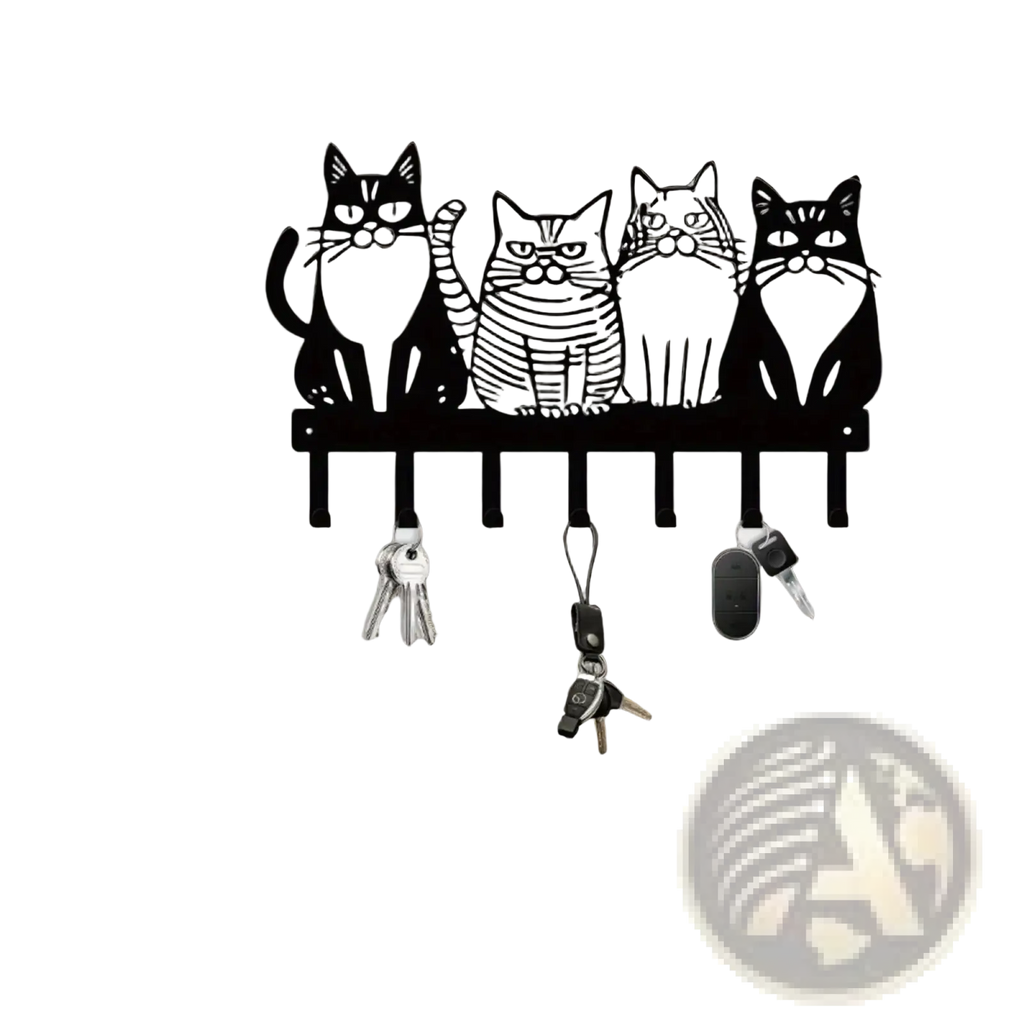 Black metal wall-mounted key holder with four stylized cat silhouettes featuring distinct facial expressions and stripes
