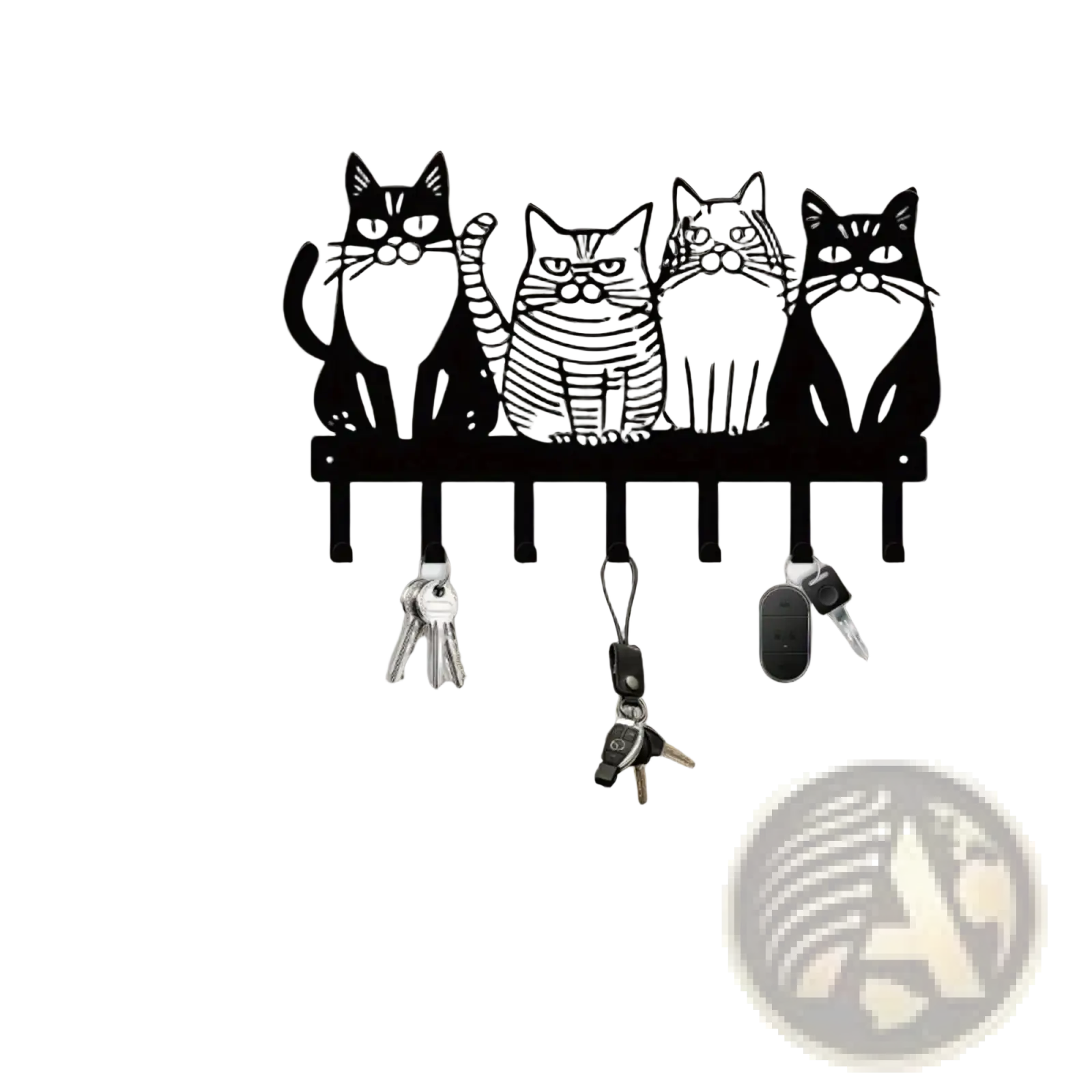 Black metal wall-mounted key holder with four stylized cat silhouettes featuring distinct facial expressions and stripes