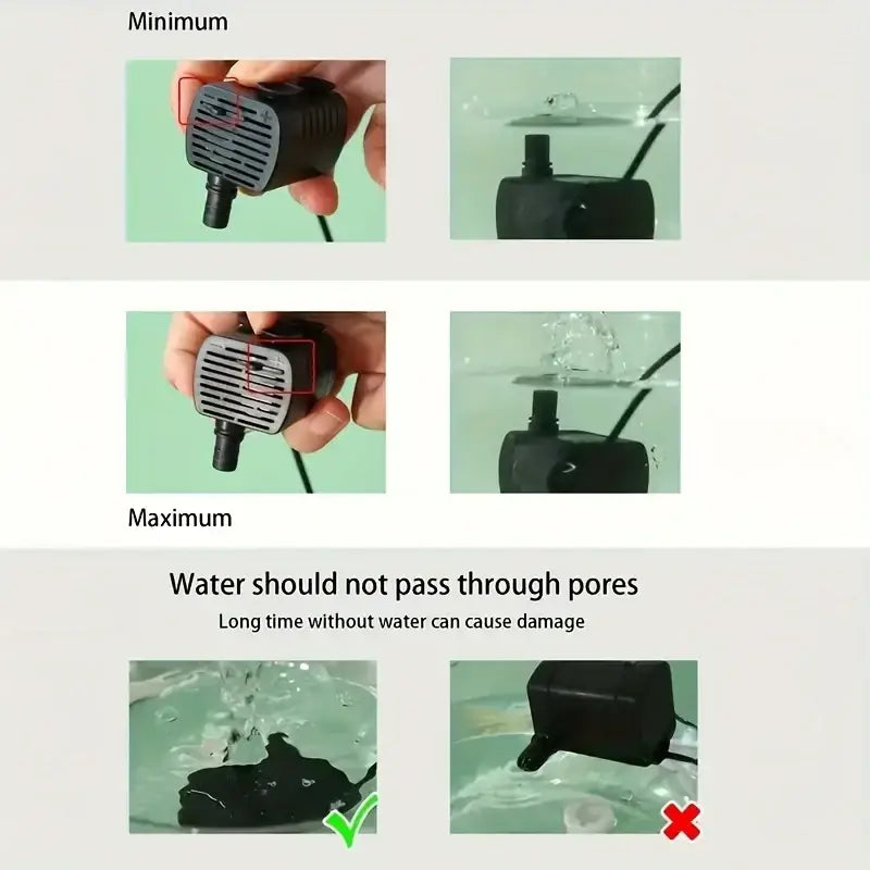 Black plastic submersible water pump with vented grille and power cord for cat water fountain usb pet water dispenser