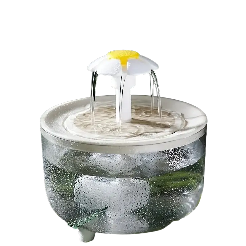 Clear glass cat water fountain with white and yellow daisy flower usb pet water dispenser fountain top