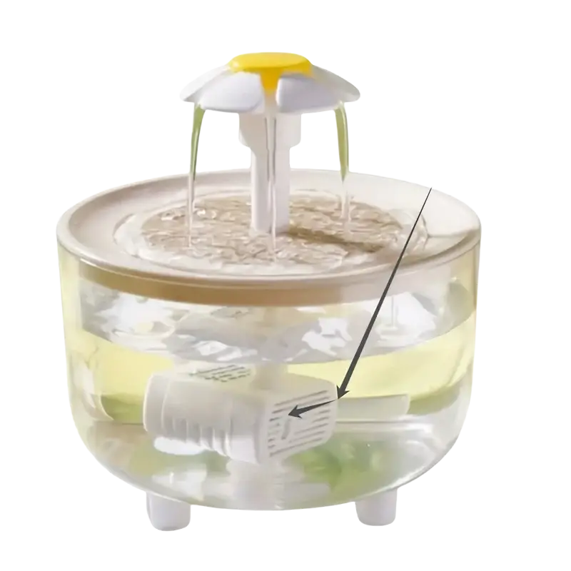Clear plastic cat water fountain with white and yellow daisy flower top and submerged pump usb water dispenser