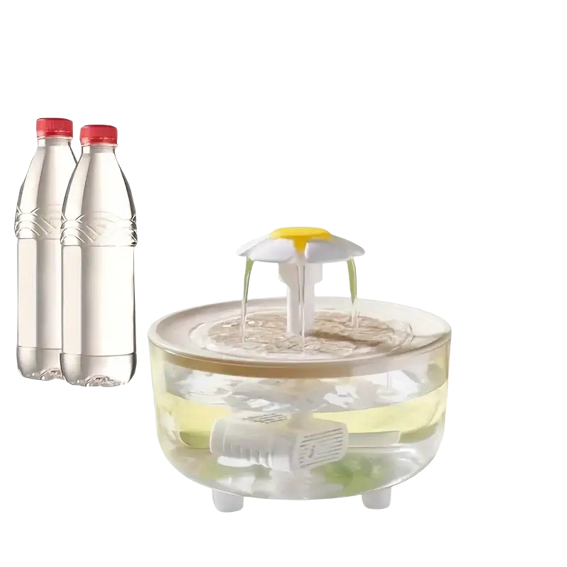 Clear plastic cat water fountain with white and yellow daisy flower top spout usb water dispenser