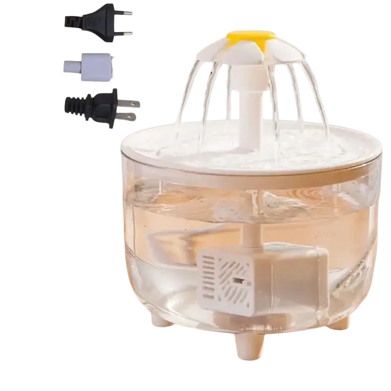 Cat water fountain daisy flower usb pet dispenser with clear plastic waterfall design yellow top white base water fountain