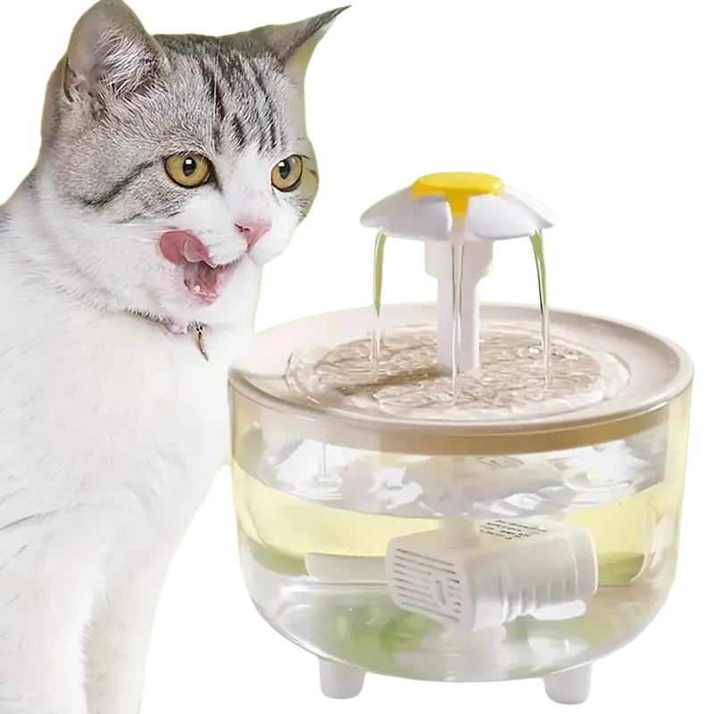 Clear plastic cat water fountain with white and yellow flower-shaped top usb water dispenser for pets