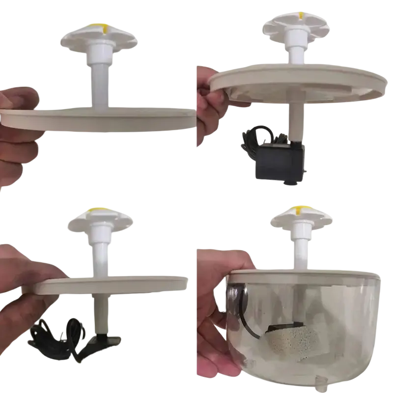 White plastic cat water fountain with clear glass bowl and yellow-tipped top usb pet water dispenser