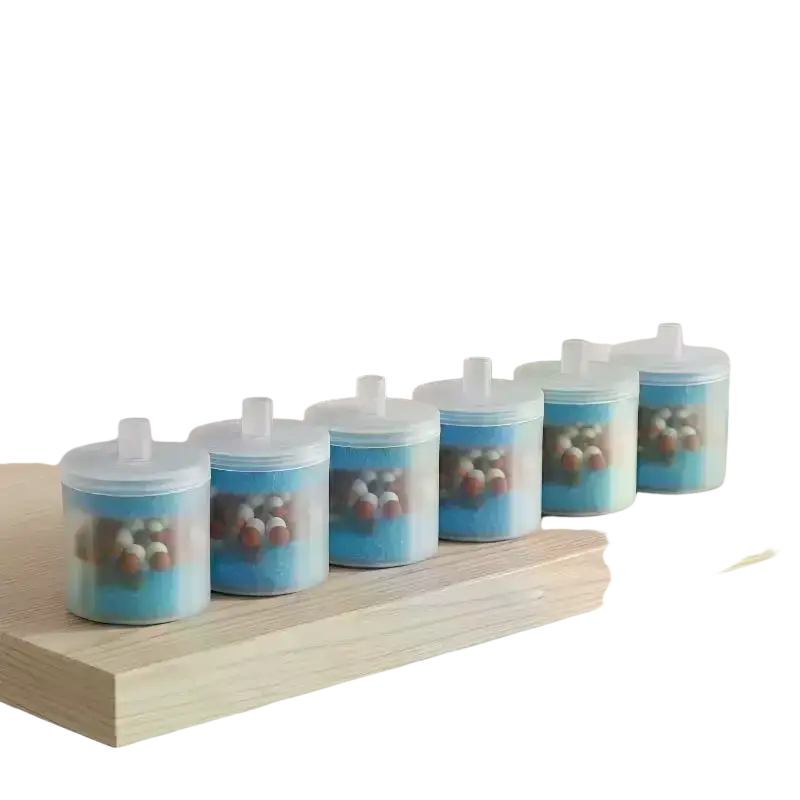 Set of five translucent blue plastic cat water fountain filters with white lids for drinking water replacement
