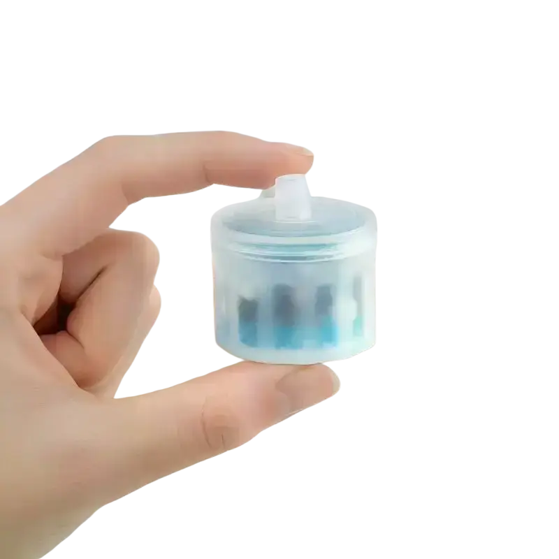 Transparent blue plastic water fountain filter cartridge with white cap and internal mesh for drinking water replacement