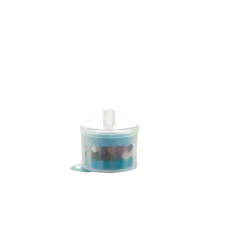 Transparent plastic container with white lid and blue interior holding colorful beads for cat water fountain filters replacement