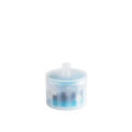 Transparent plastic container with white cap holding blue and black toothbrushes for cat water fountain filters replacement drinking water use