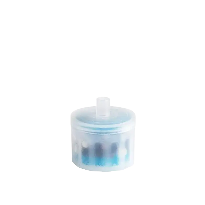 Transparent plastic container with white cap holding blue and black toothbrushes for cat water fountain filters replacement drinking water use