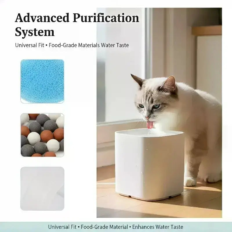 White cylindrical pet water fountain with sleek modern design for drinking water filter replacement pack