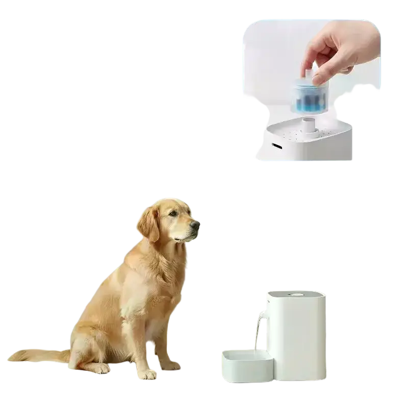 White pet water fountain with sleek modern design and small basin for easy drinking water and filter replacement use