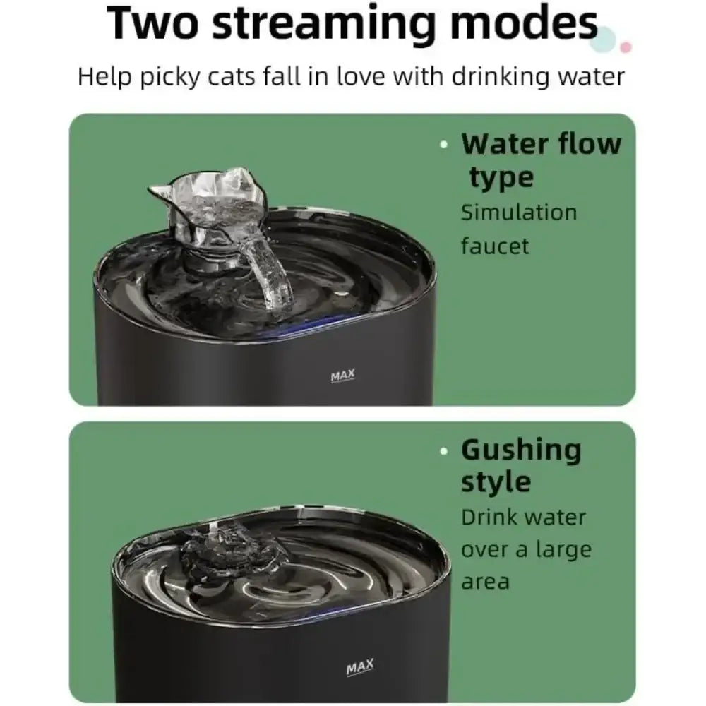 Black cylindrical cat water fountain with quiet pump and silver cat-shaped spout for pet hydration