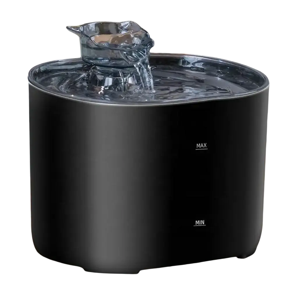 Black cylindrical cat water fountain with transparent glass spout and quiet pump pouring water into basin 2.2l capacity
