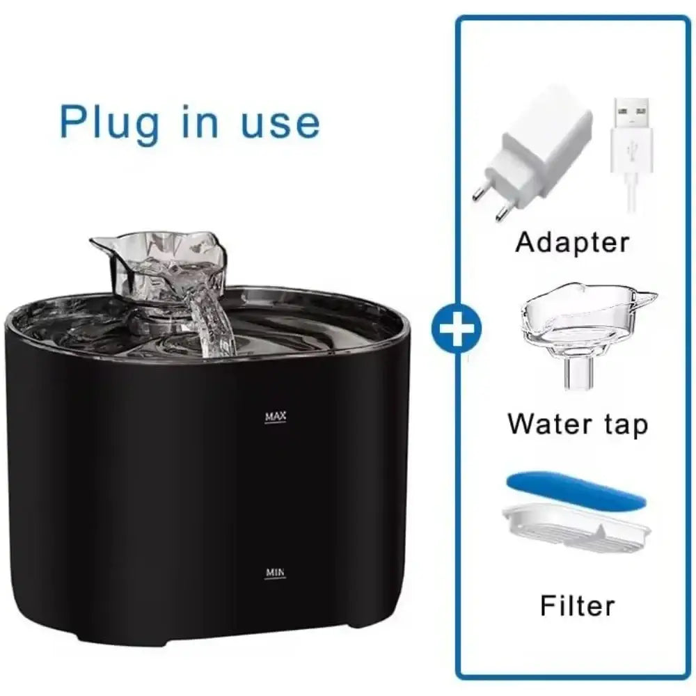 Black cylindrical cat water fountain with quiet pump and clear glass spout pouring water 2.2l capacity