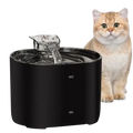 Black cylindrical cat water fountain with clear glass spout and quiet pump dispensing flowing water 2.2l capacity