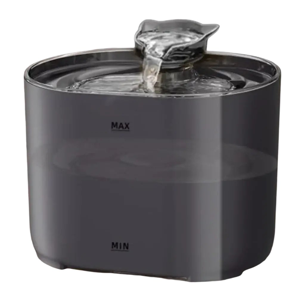 Gray cylindrical cat water fountain with sleek transparent top and quiet pump pouring water from cat-shaped spout