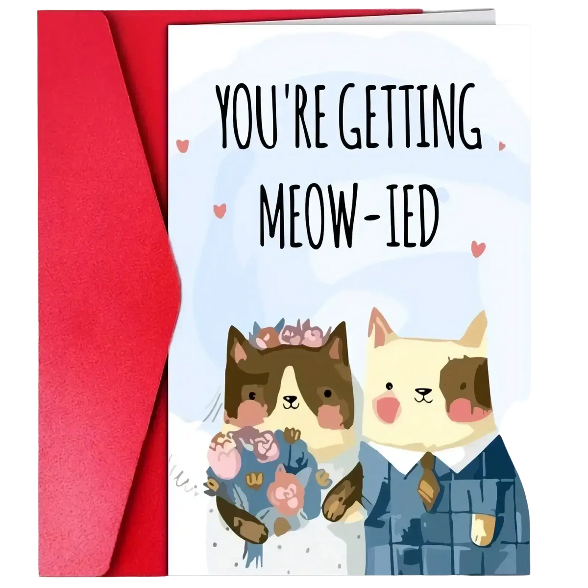 A charming cat wedding anniversary greeting card featuring two cartoon cats in wedding attire with you are getting meowied text
