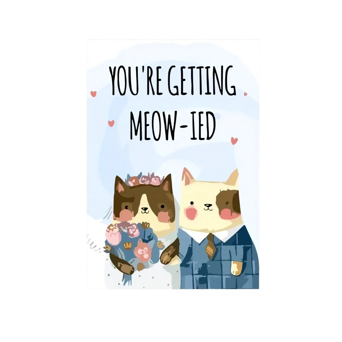 A charming cat wedding anniversary greeting card featuring two cartoon cats in wedding attire with a bouquet