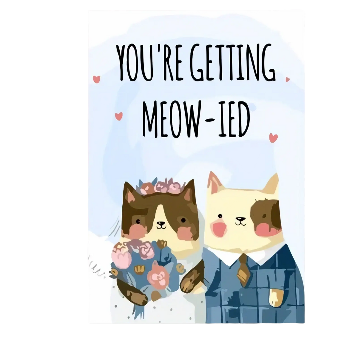 A charming cat wedding anniversary greeting card featuring two cartoon cats in wedding attire holding a bouquet
