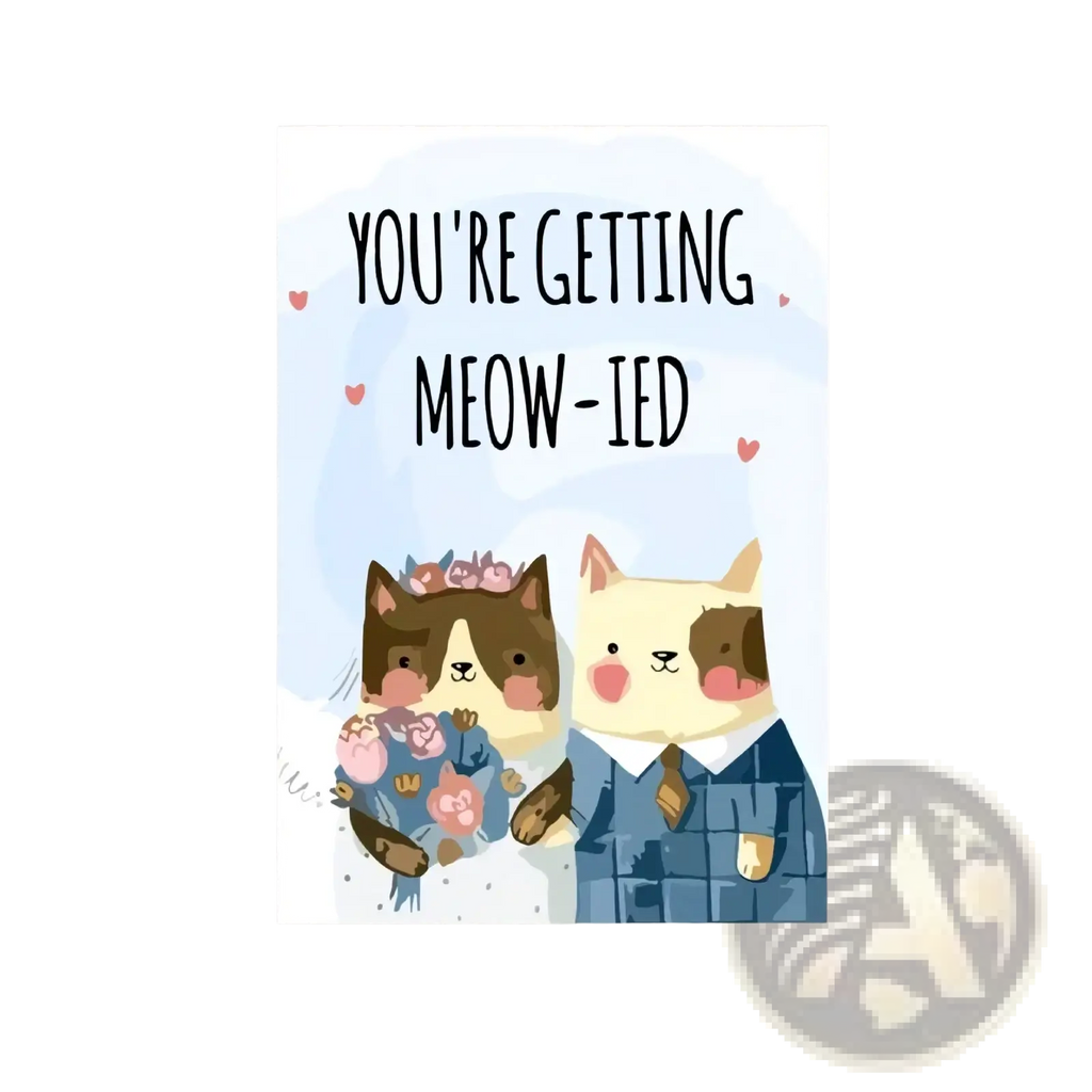A charming cat wedding anniversary greeting card featuring two cartoon cats in wedding attire with a bouquet
